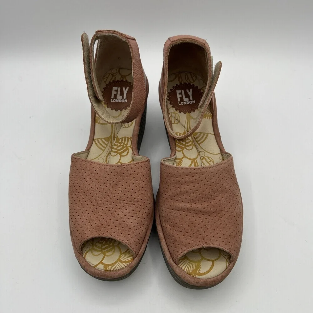 Fly London Wedge Sandals Womens 38 Pink Leather Perforated Ankle Strap Peep Toe